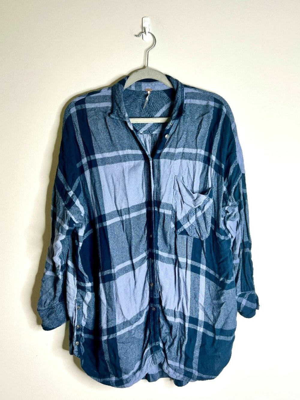 Free People Rainy Day Flannel Blue Plaid Oversized Button Down Western Cowgirl M